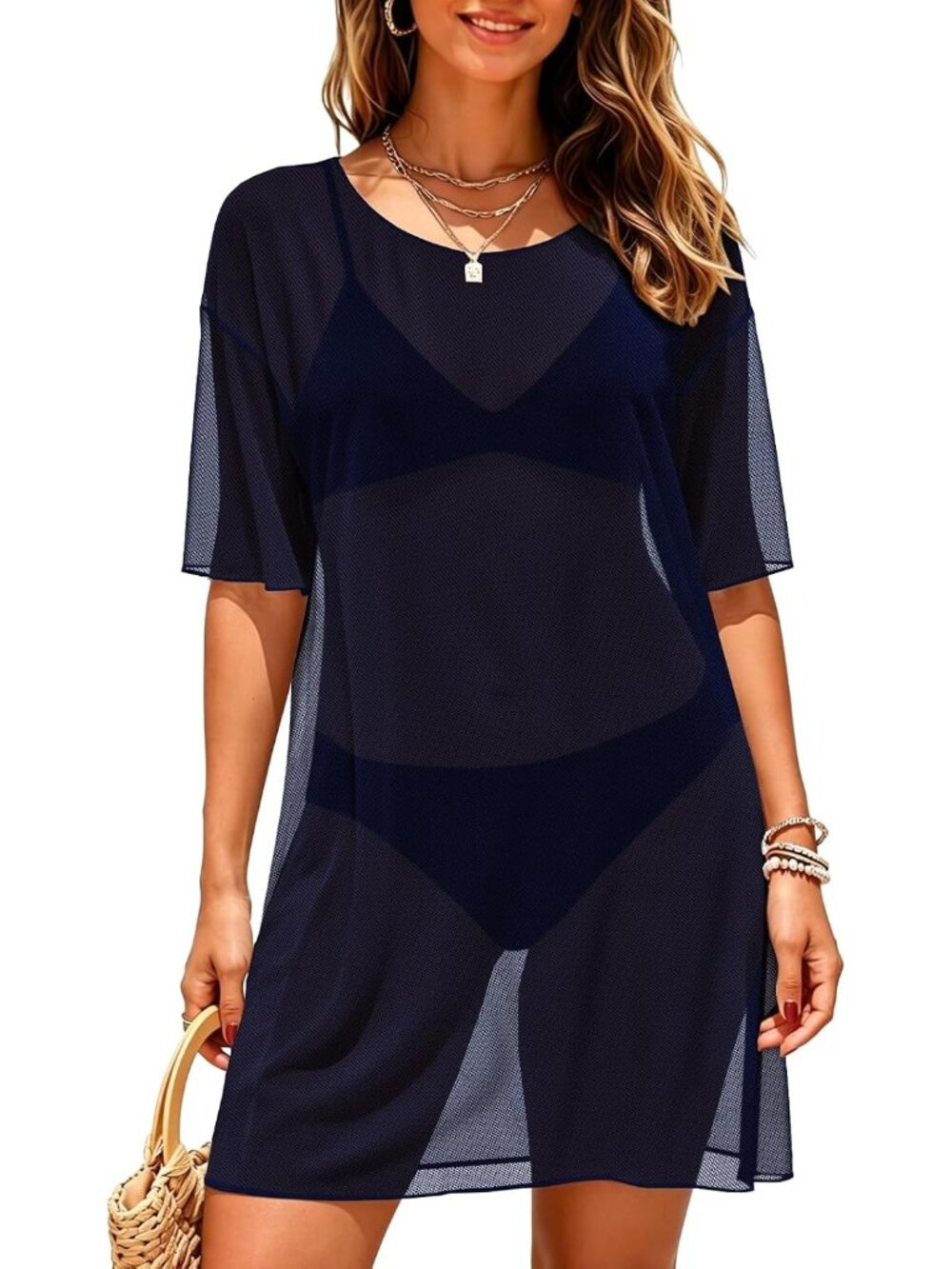 Women's Navy Blue Round Neck Mesh Summer Sheer Stretch Short Sleeve Cover Up